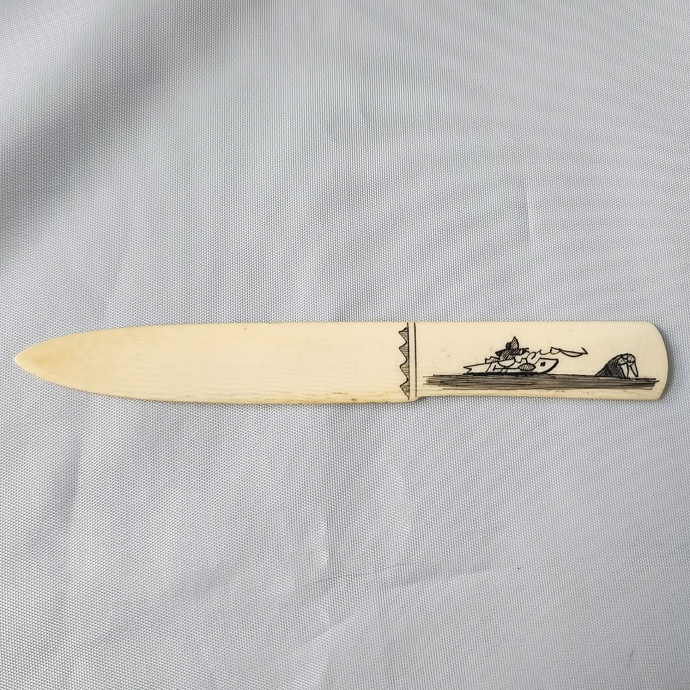 Vintage Eskimo Carved Letter Opener Etched Fishing Scene‎ Decor Folk Art Bone OG